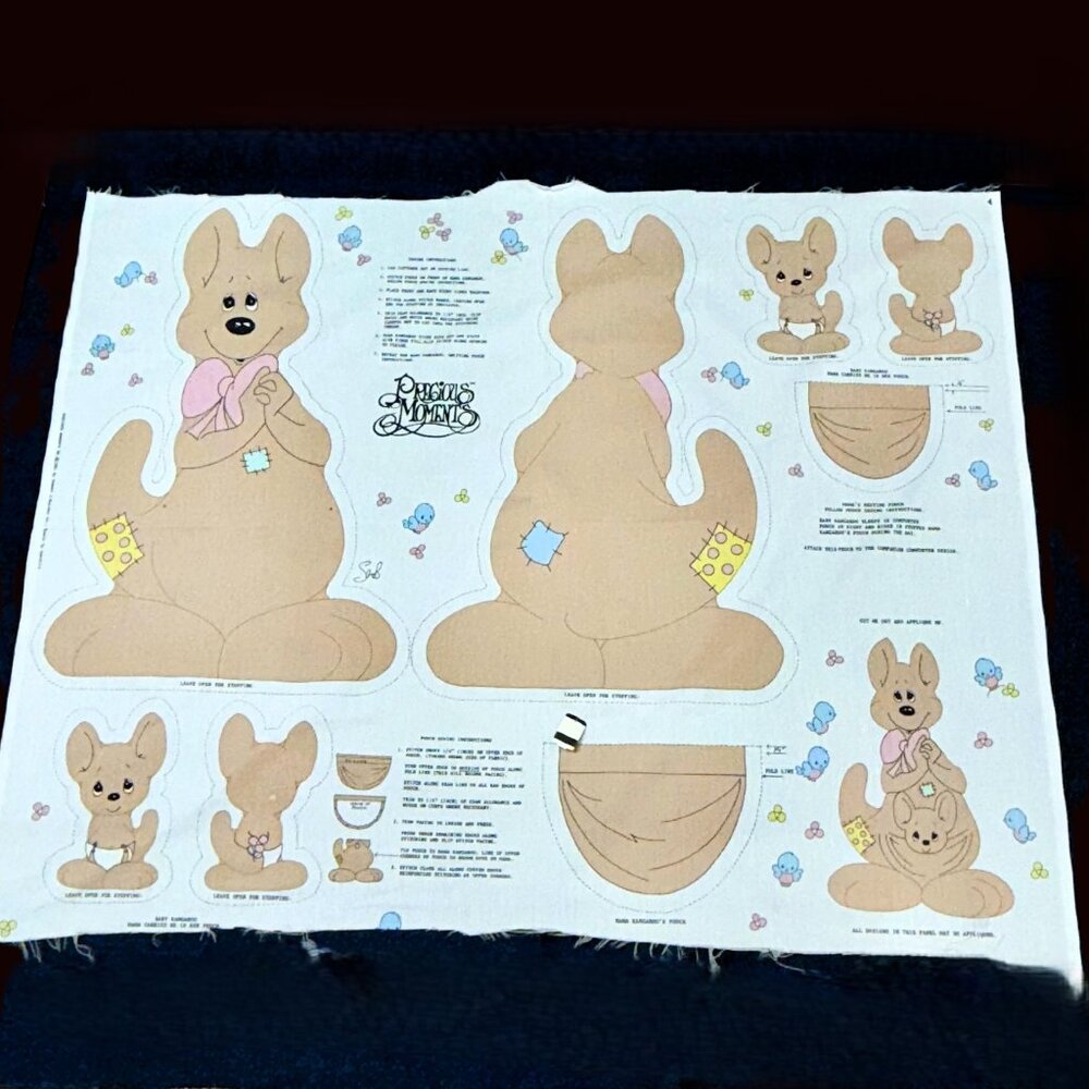 Vintage 1991 Precious Moments Mama & Baby Kangaroo Cut & Sew Fabric Panel Uncut